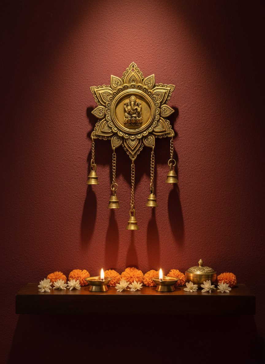 Brass Ganesha Lotus Wall Hanging With Bells