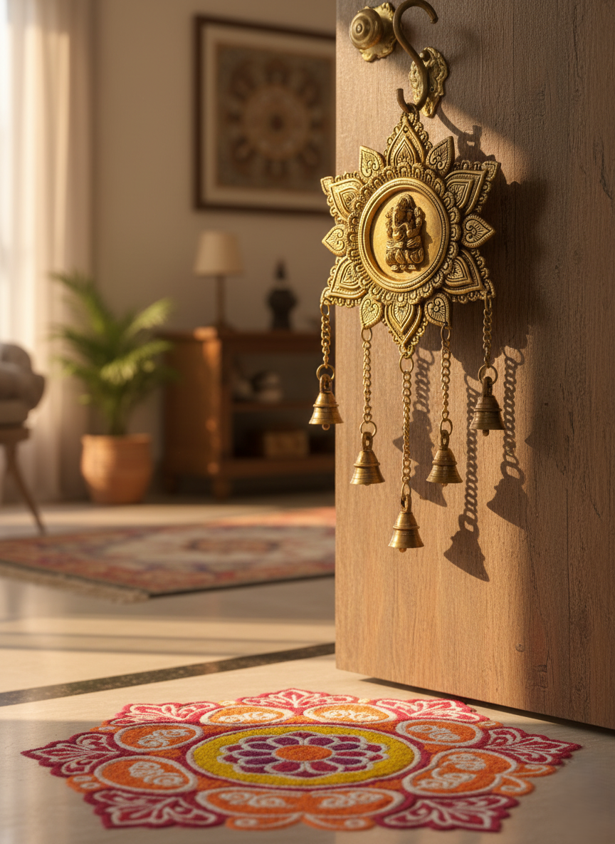 Brass Ganesha Lotus Wall Hanging With Bells