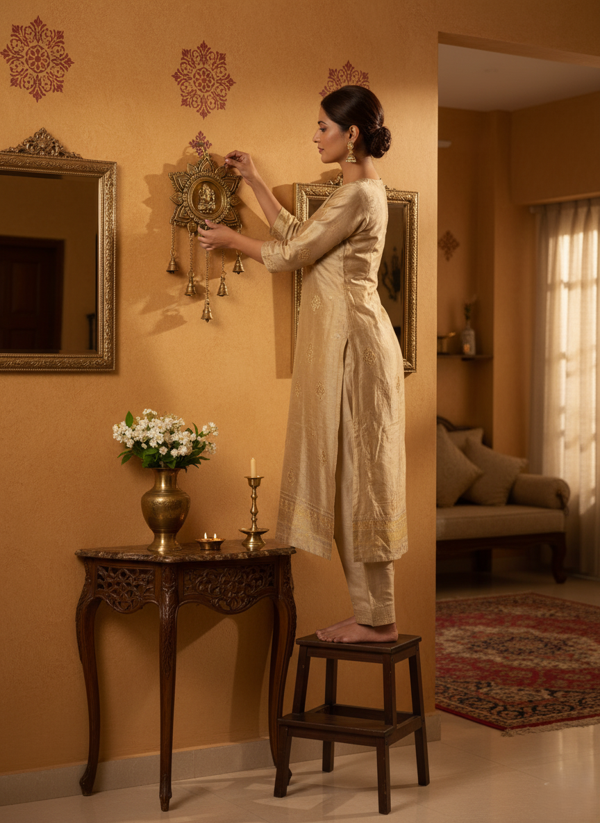 Brass Ganesha Lotus Wall Hanging With Bells